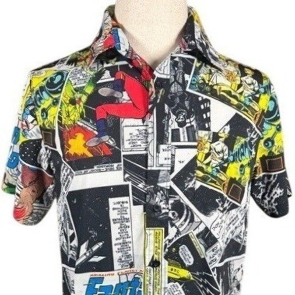 Comic Book Print Button Down Shirt Just Attitude Mens Med Fantastic Worlds SciFi